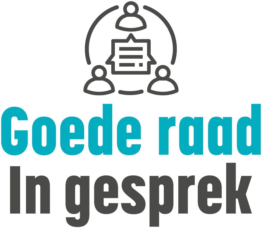 logo van Goede raad in gesprek met drie poppetjes in een cirkel met een dialoog icoon tussen hen in.