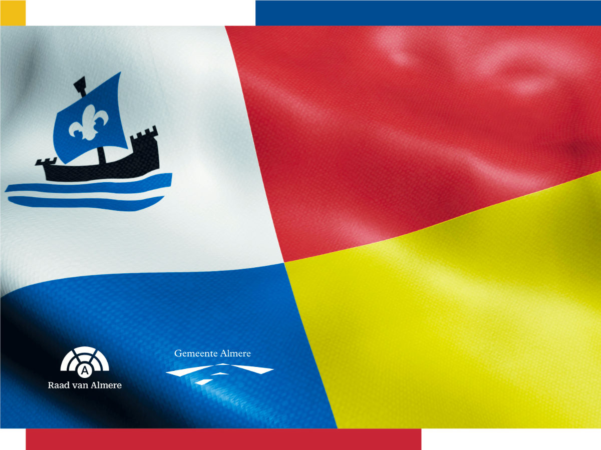 Illustratie van de vlag van Almere en de logos van raad en gemeente
