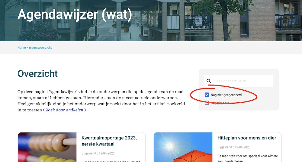 Schermafbeelding van nog-niet-geagendeerd aanvinkknop
